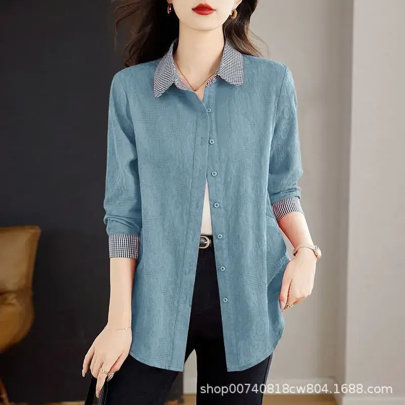 Pure Cotton Long Sleeve Shirt Women's Collarless Button Decor Large Size Spring Autumn New Style Ladies Fashion Outerwear