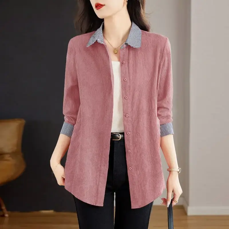 Pure Cotton Long Sleeve Shirt Women's Collarless Button Decor Large Size Spring Autumn New Style Ladies Fashion Outerwear