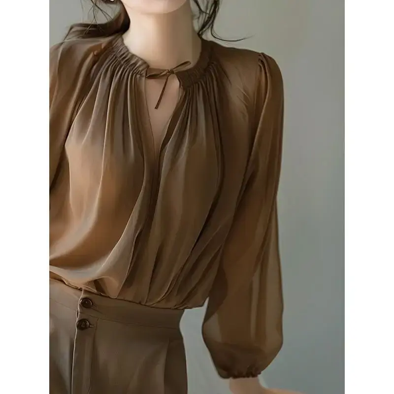 French Style V-Neck Long Sleeve Loose Shirt Women's Autumn New Fashion Elegant Lazy Style Top Quality Material Button down