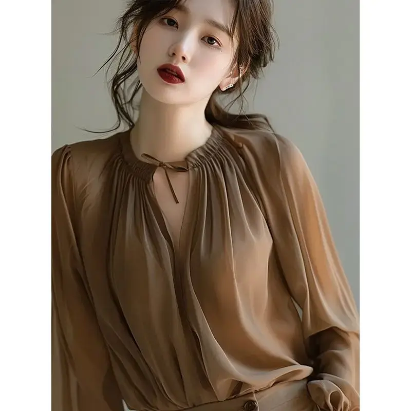 French Style V-Neck Long Sleeve Loose Shirt Women's Autumn New Fashion Elegant Lazy Style Top Quality Material Button down