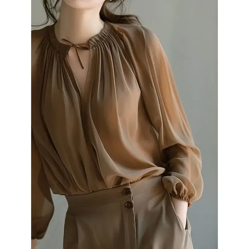 French Style V-Neck Long Sleeve Loose Shirt Women's Autumn New Fashion Elegant Lazy Style Top Quality Material Button down