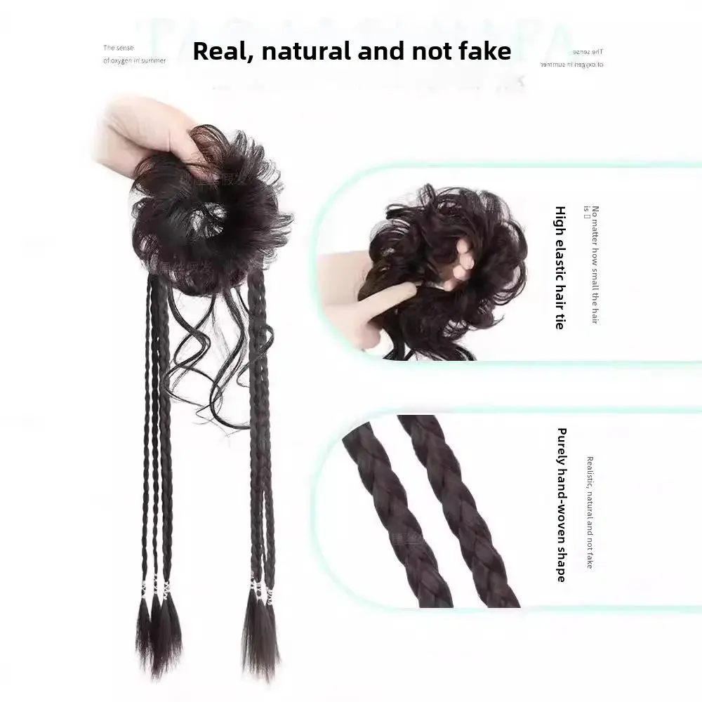 Women's Natural Flower Bud Hair Bun Fake Braid Dragon Beard Half up Braided Punch Style Synthetic Fiber Tail Asian Hair Extensio