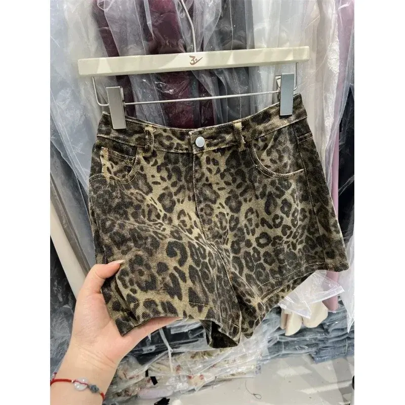 Retro American Leopard Print Denim Shorts Women Summer New Loose Hot Pants Sexy Girls Lightweight Cotton High Waist Shorts