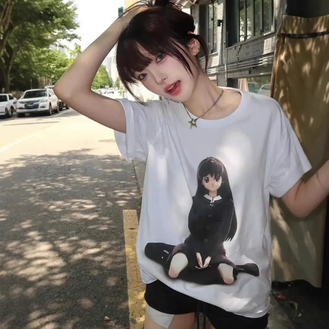 Plus Size White Short Sleeve T-Shirt Casual Loose Fit Anime Print Versatile Oversize Top for plus Size Women Comfortable Cotton