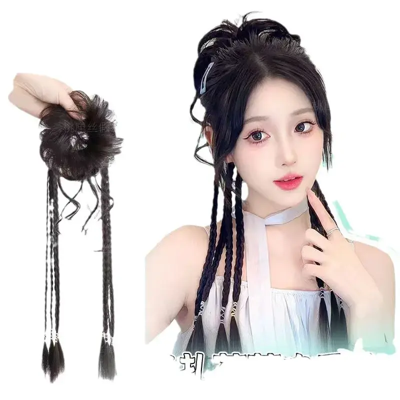 Women's Natural Flower Bud Hair Bun Fake Braid Dragon Beard Half up Braided Punch Style Synthetic Fiber Tail Asian Hair Extensio