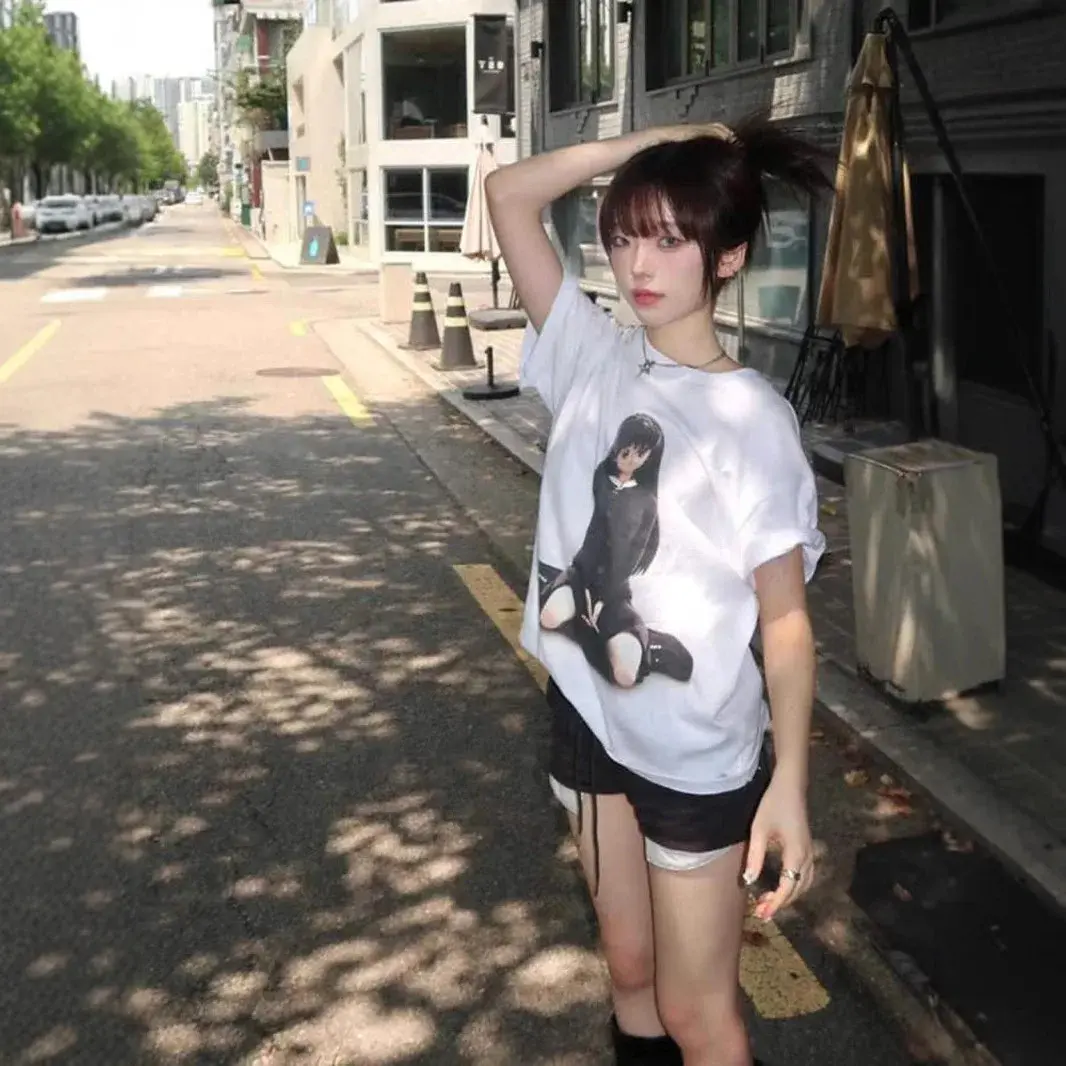 Plus Size White Short Sleeve T-Shirt Casual Loose Fit Anime Print Versatile Oversize Top for plus Size Women Comfortable Cotton