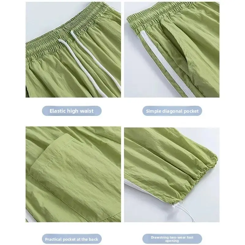Black American Retro Sports Pants Women Summer New Thin Casual Quick Dry Side Stripe Wide Leg Pants Comfortable Loose Fit
