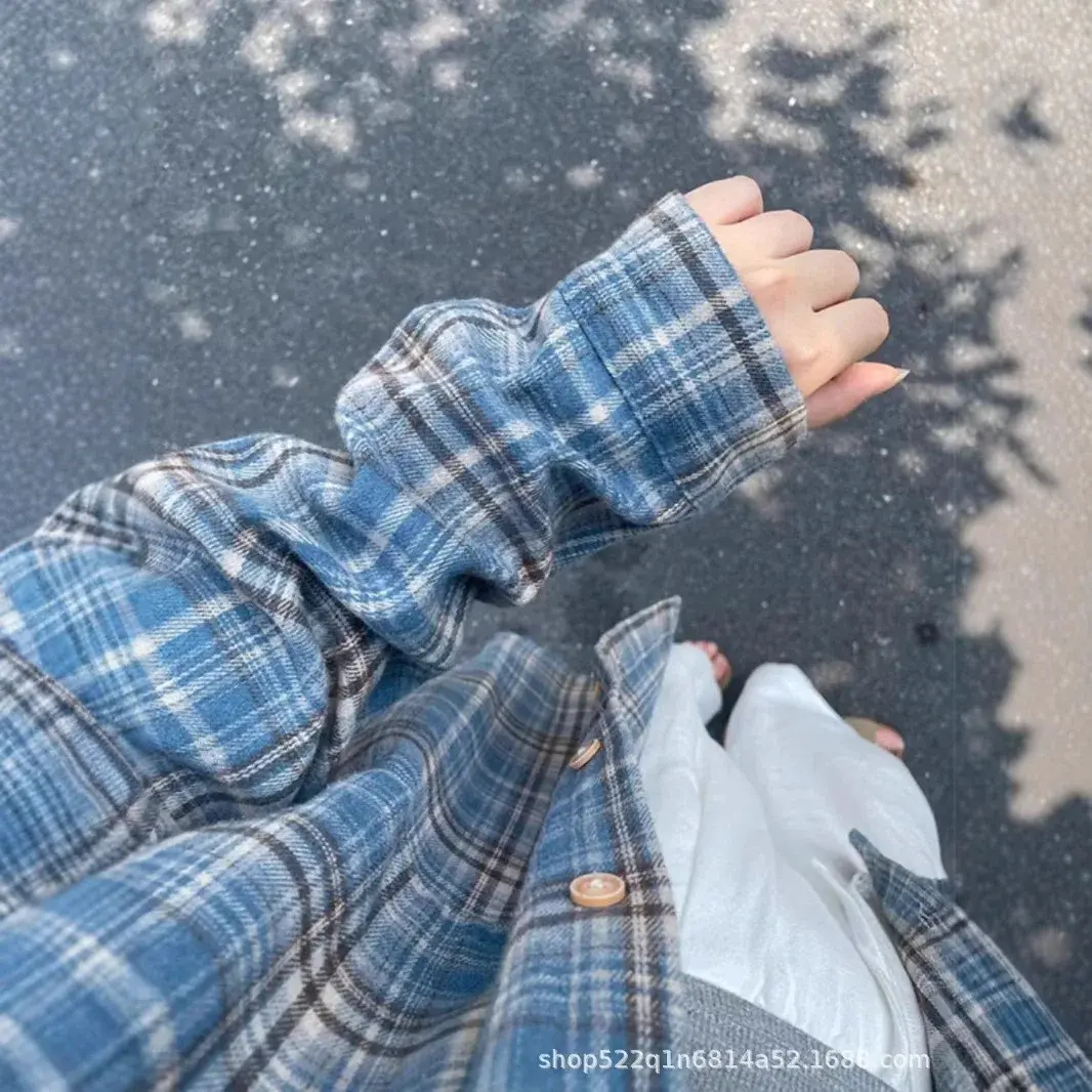 Blue Plaid Flannelette Shirt Women Spring Autumn Loose Casual Long Sleeve Thin Outerwear Trendy Button Decorated Cotton Polyeste