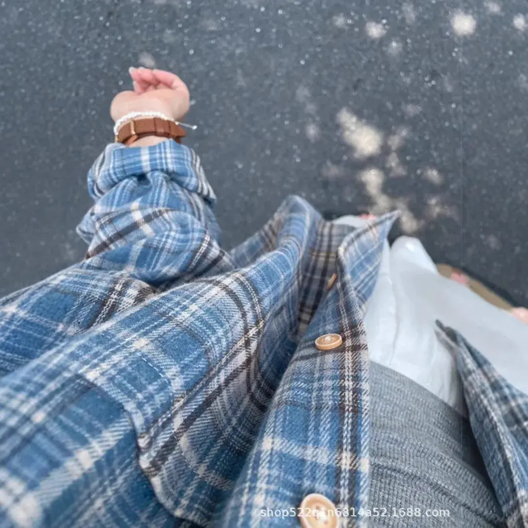 Blue Plaid Flannelette Shirt Women Spring Autumn Loose Casual Long Sleeve Thin Outerwear Trendy Button Decorated Cotton Polyeste