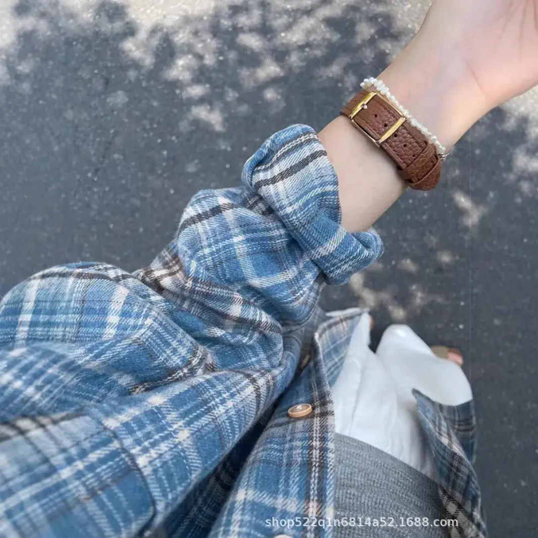 Blue Plaid Flannelette Shirt Women Spring Autumn Loose Casual Long Sleeve Thin Outerwear Trendy Button Decorated Cotton Polyeste