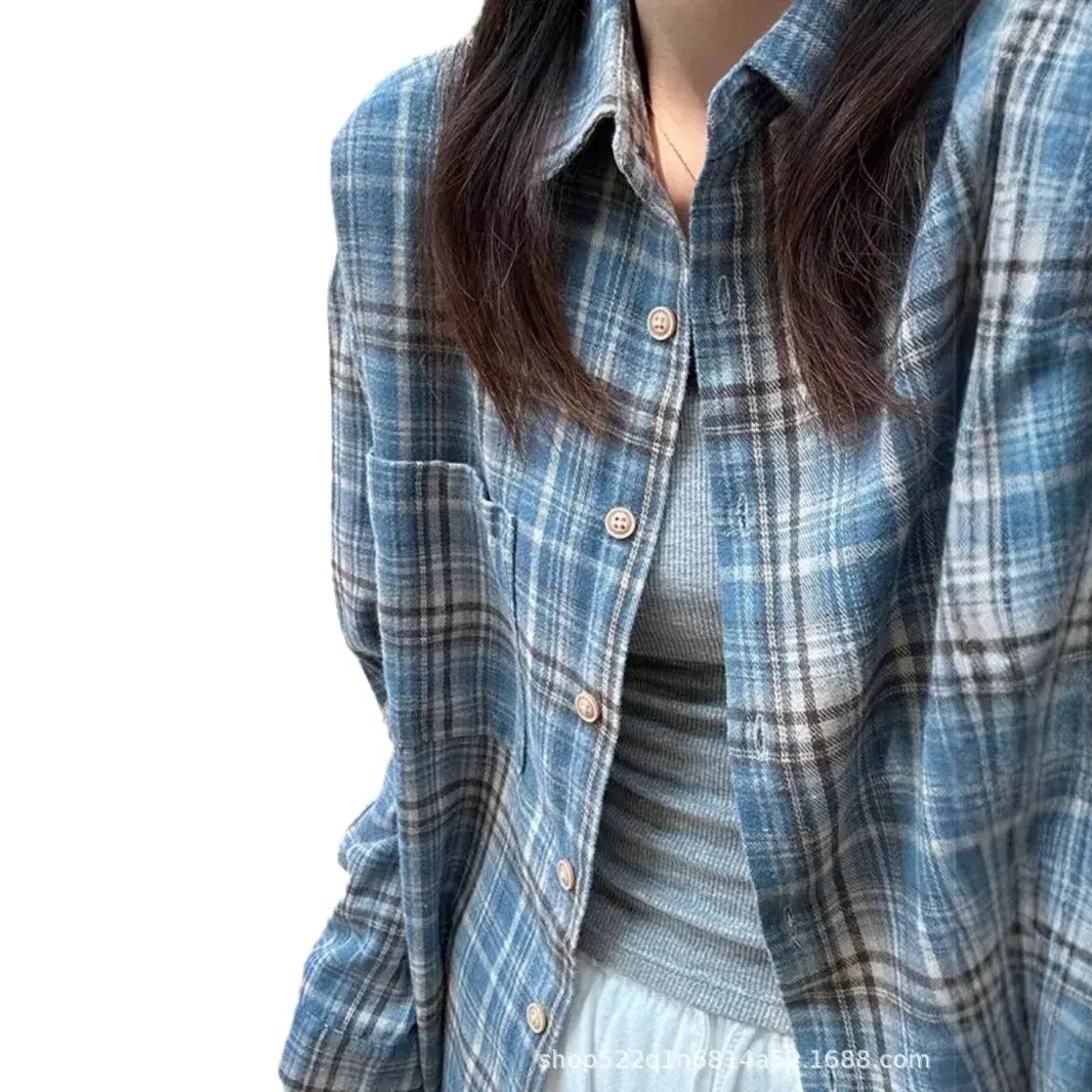 Blue Plaid Flannelette Shirt Women Spring Autumn Loose Casual Long Sleeve Thin Outerwear Trendy Button Decorated Cotton Polyeste