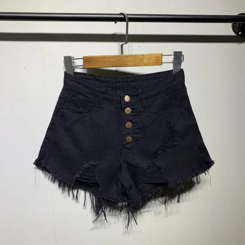 High-Waisted Ripped-Edge Buckle Denim Shorts Women's Plus-Size Loose-Fit Slimming Korean Style Wide-Leg A- Shape Sexy Hot Pants