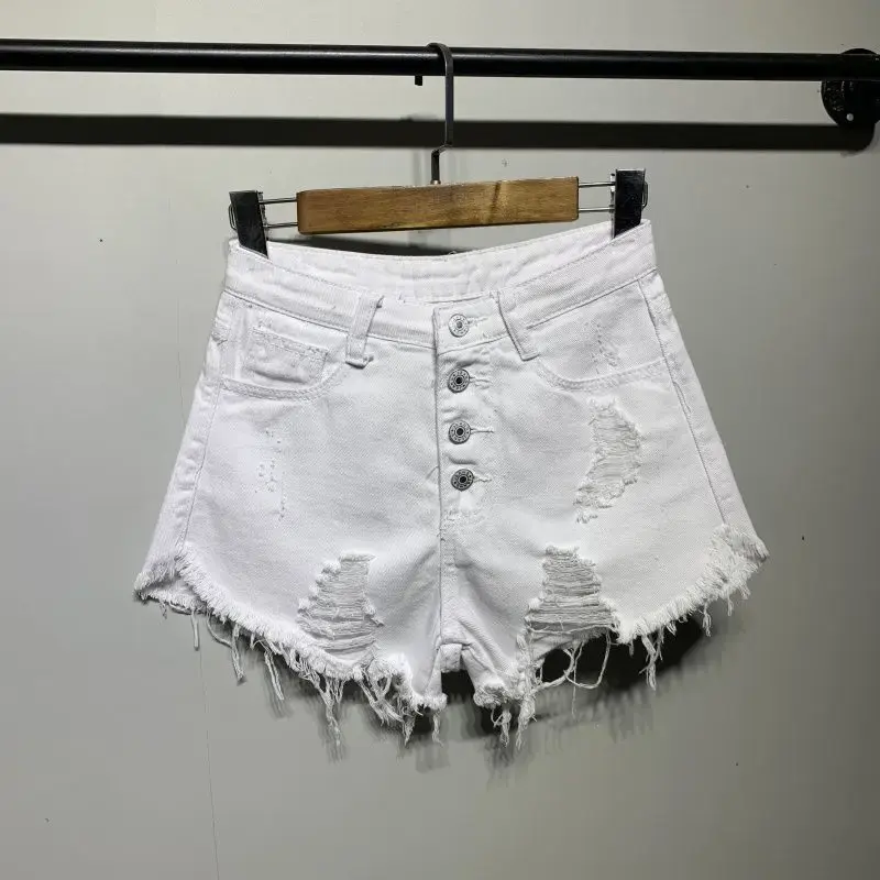 High-Waisted Ripped-Edge Buckle Denim Shorts Women's Plus-Size Loose-Fit Slimming Korean Style Wide-Leg A- Shape Sexy Hot Pants