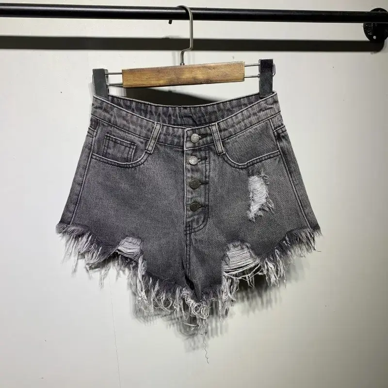 High-Waisted Ripped-Edge Buckle Denim Shorts Women's Plus-Size Loose-Fit Slimming Korean Style Wide-Leg A- Shape Sexy Hot Pants