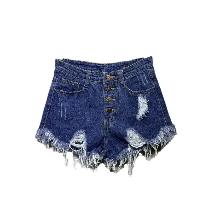 High-Waisted Ripped-Edge Buckle Denim Shorts Women's Plus-Size Loose-Fit Slimming Korean Style Wide-Leg A- Shape Sexy Hot Pants
