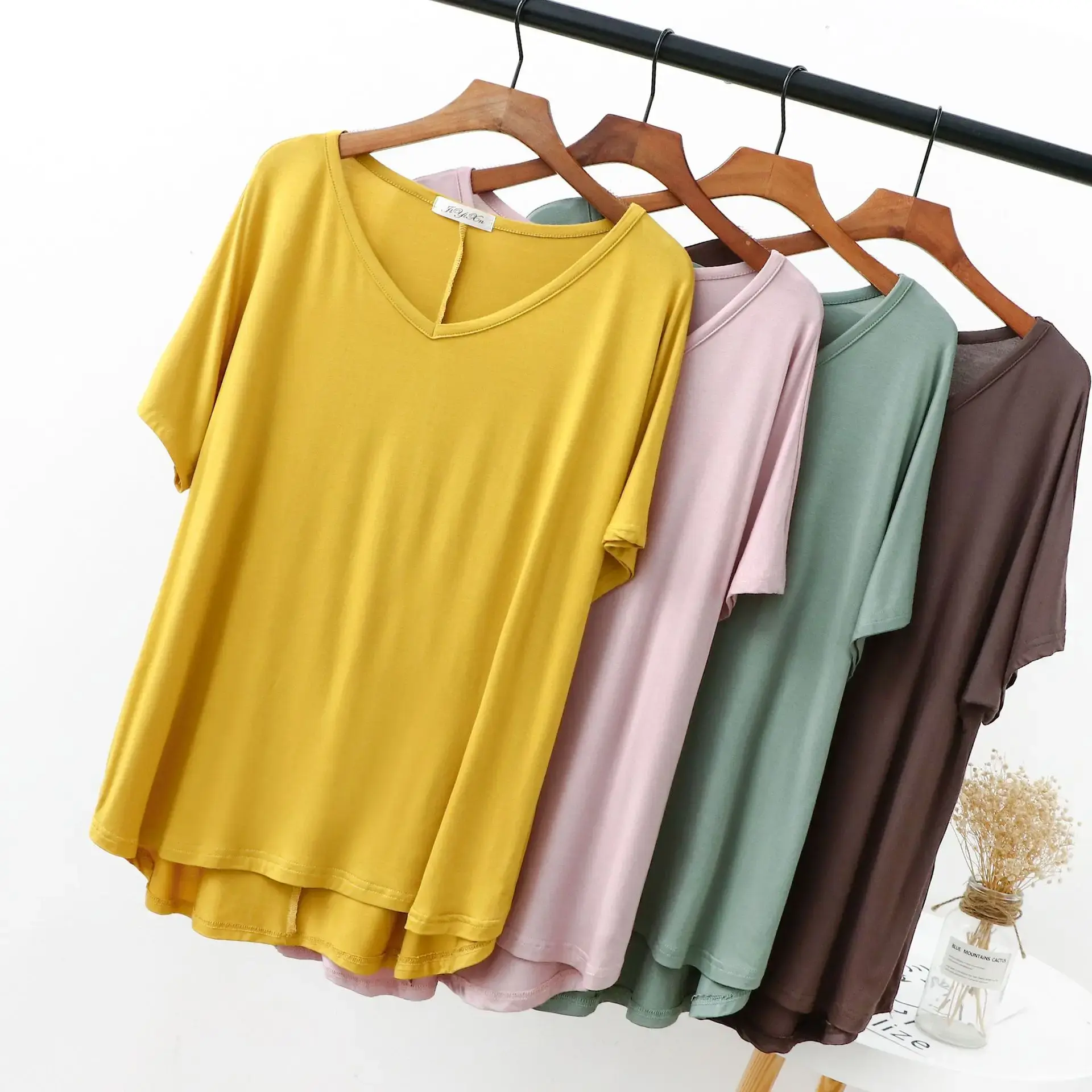 2025 Summer Modal Cotton Short Sleeves Loose-Fit Top Women's Clothing Plus Size Girls V-Neck T-Shirt Regular Length Casual Style