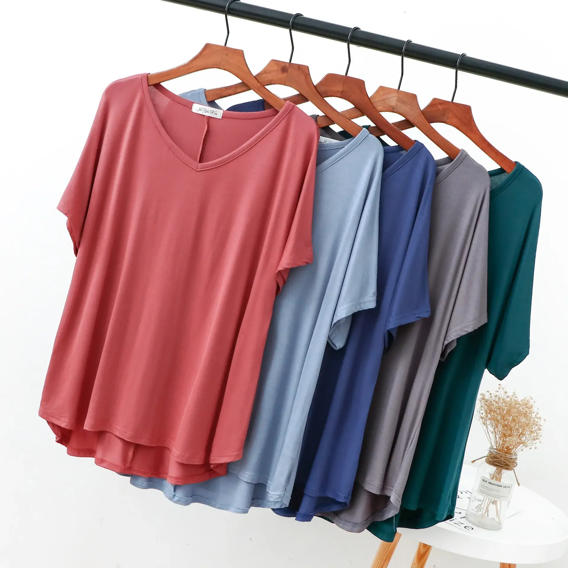 2025 Summer Modal Cotton Short Sleeves Loose-Fit Top Women's Clothing Plus Size Girls V-Neck T-Shirt Regular Length Casual Style