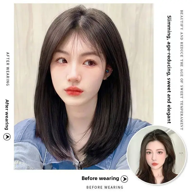 Women's Long Hair Full Head Wig Short Natural Whole Top Shoulder Length Bob Wig Cover Chinese Style Hair Extensions