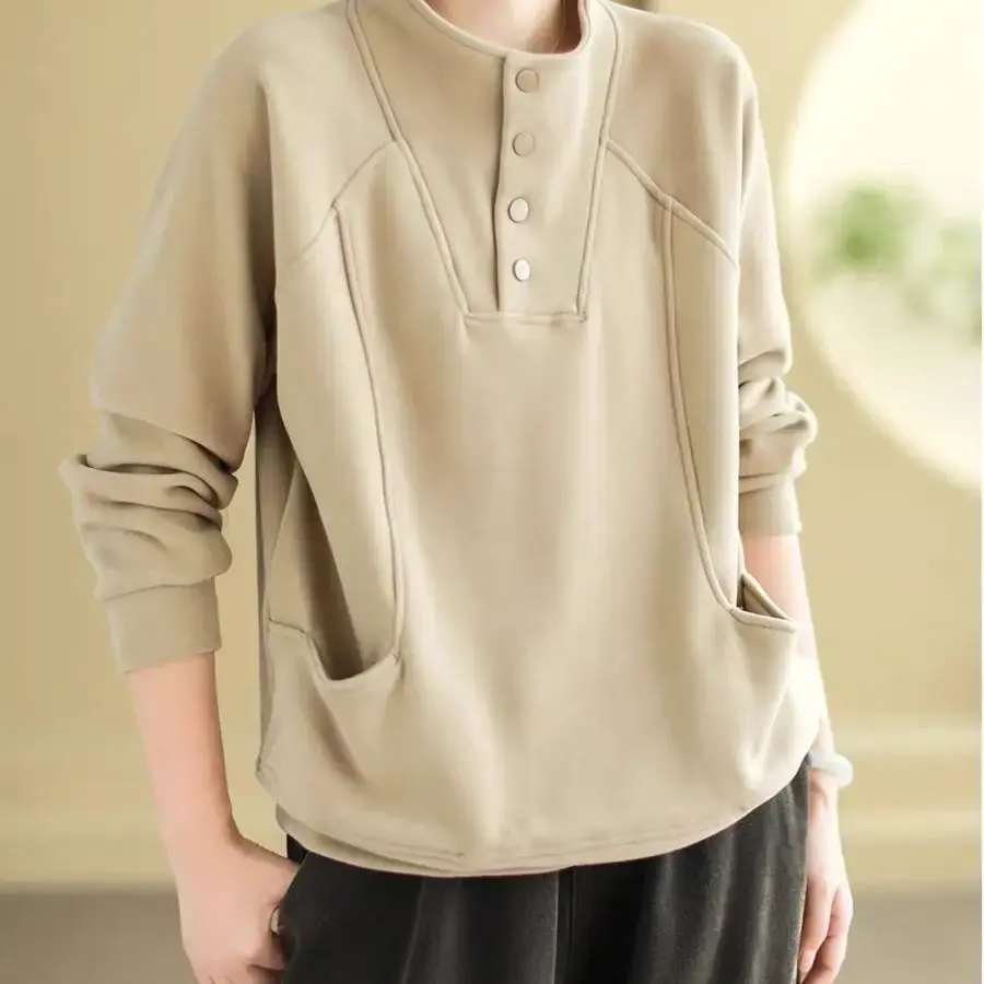 Warm Thermal Sweatshirt Women's Loose Cover-up Design Button Half High Collar Velvet Polyester Full Sleeve Casual Top