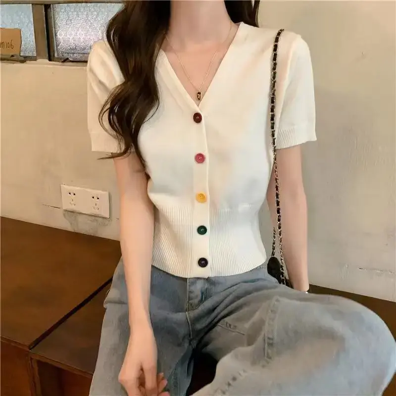 Summer V-neck Button-up Knitted Short-sleeve Slim-fit Women's T-shirt Fashionable Versatile Cardigan Style Ideal for Students