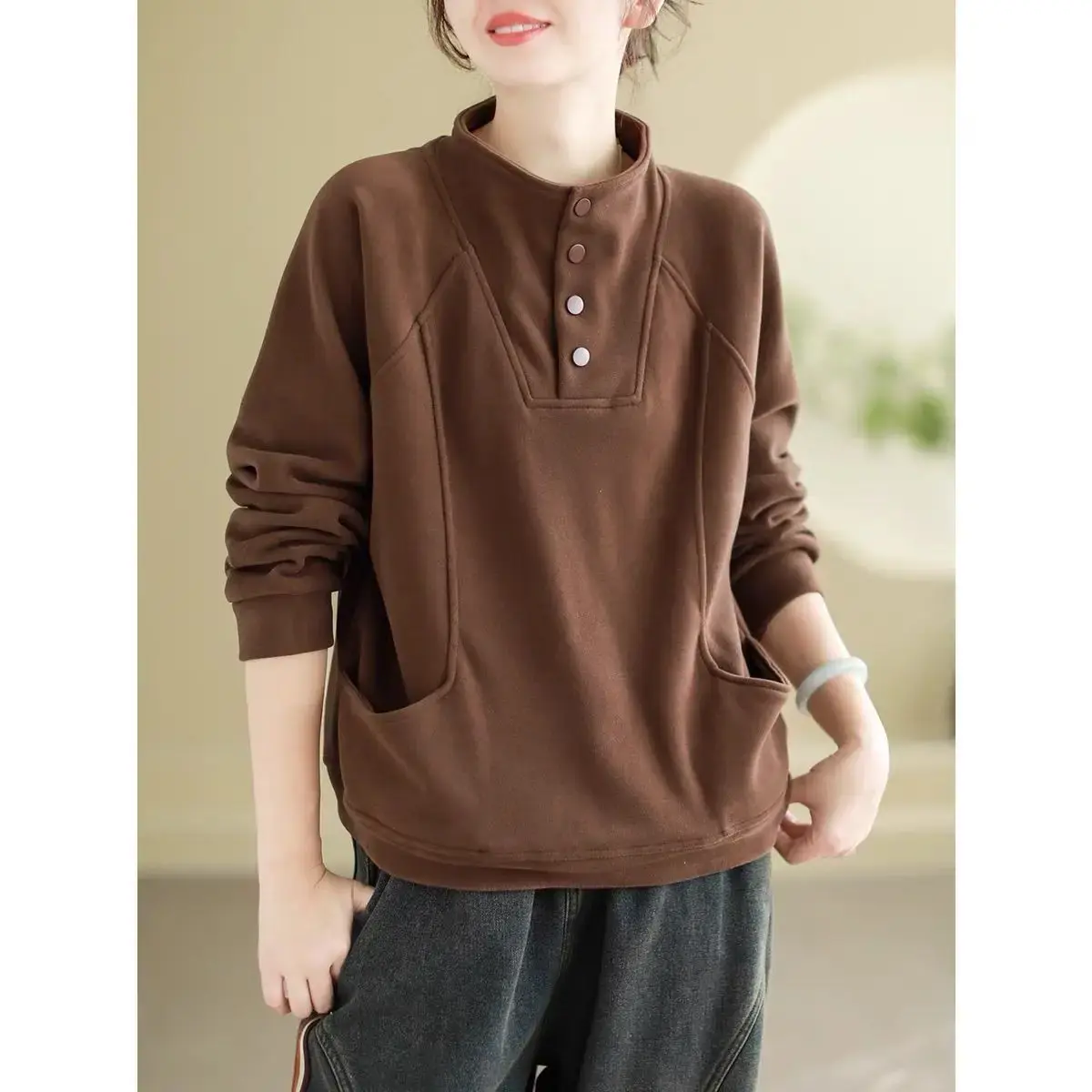 Warm Thermal Sweatshirt Women's Loose Cover-up Design Button Half High Collar Velvet Polyester Full Sleeve Casual Top