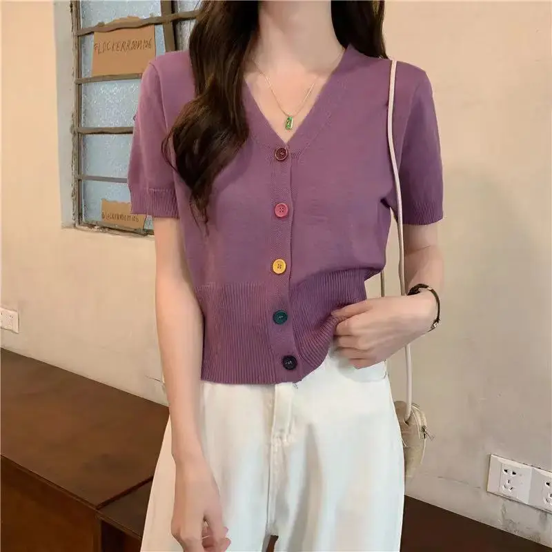 Summer V-neck Button-up Knitted Short-sleeve Slim-fit Women's T-shirt Fashionable Versatile Cardigan Style Ideal for Students