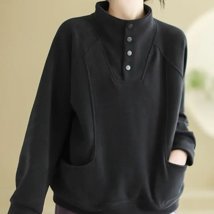 Warm Thermal Sweatshirt Women's Loose Cover-up Design Button Half High Collar Velvet Polyester Full Sleeve Casual Top