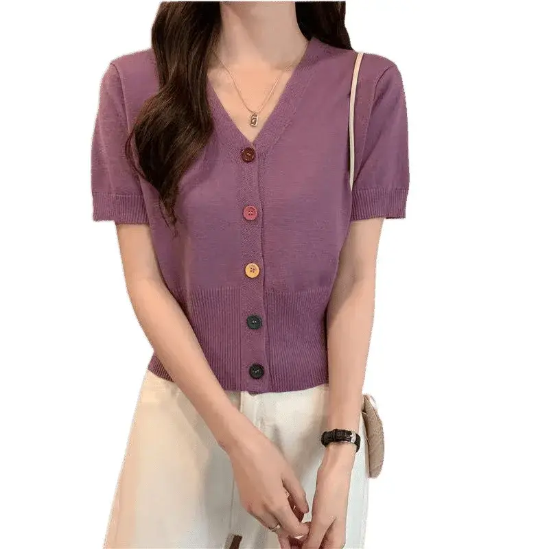 Summer V-neck Button-up Knitted Short-sleeve Slim-fit Women's T-shirt Fashionable Versatile Cardigan Style Ideal for Students