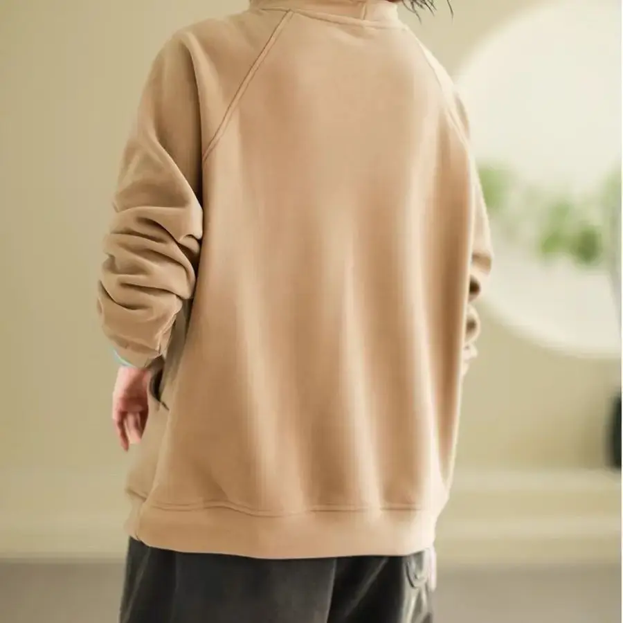 Warm Thermal Sweatshirt Women's Loose Cover-up Design Button Half High Collar Velvet Polyester Full Sleeve Casual Top