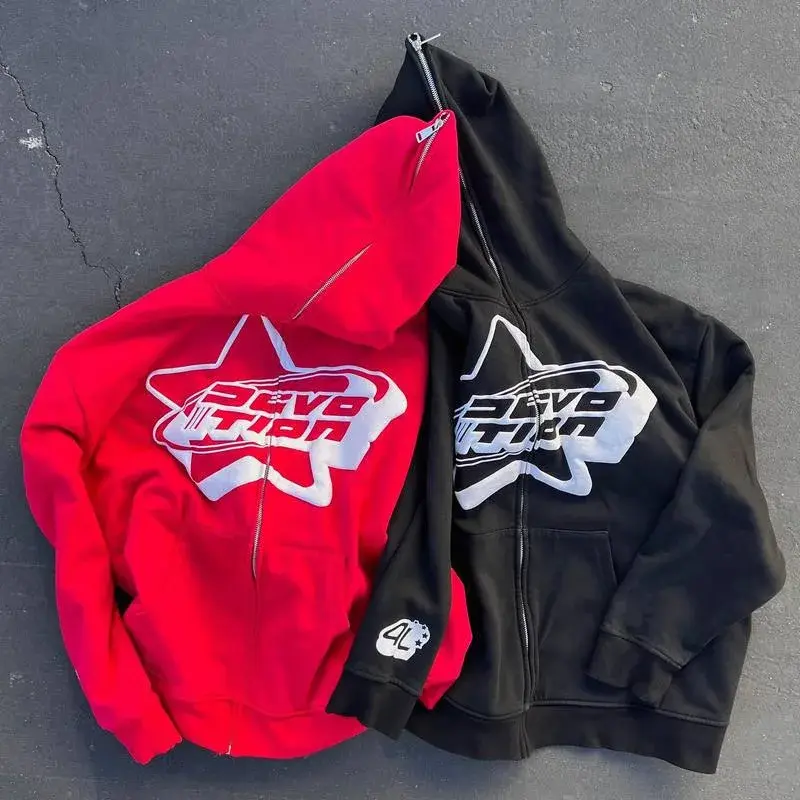 Oversized Zip-up Hoodie Streetwear Spring Y2k Goth Punk Star Printing Sweatshirt Trendy Thin Material Full Face Hoodie