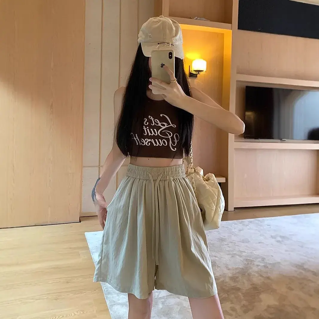 Fashionable High-Waist Drawstring Wide Leg Mini Shorts Casual Solid Color Summer New Arrival Women's Clothing Hot Pants