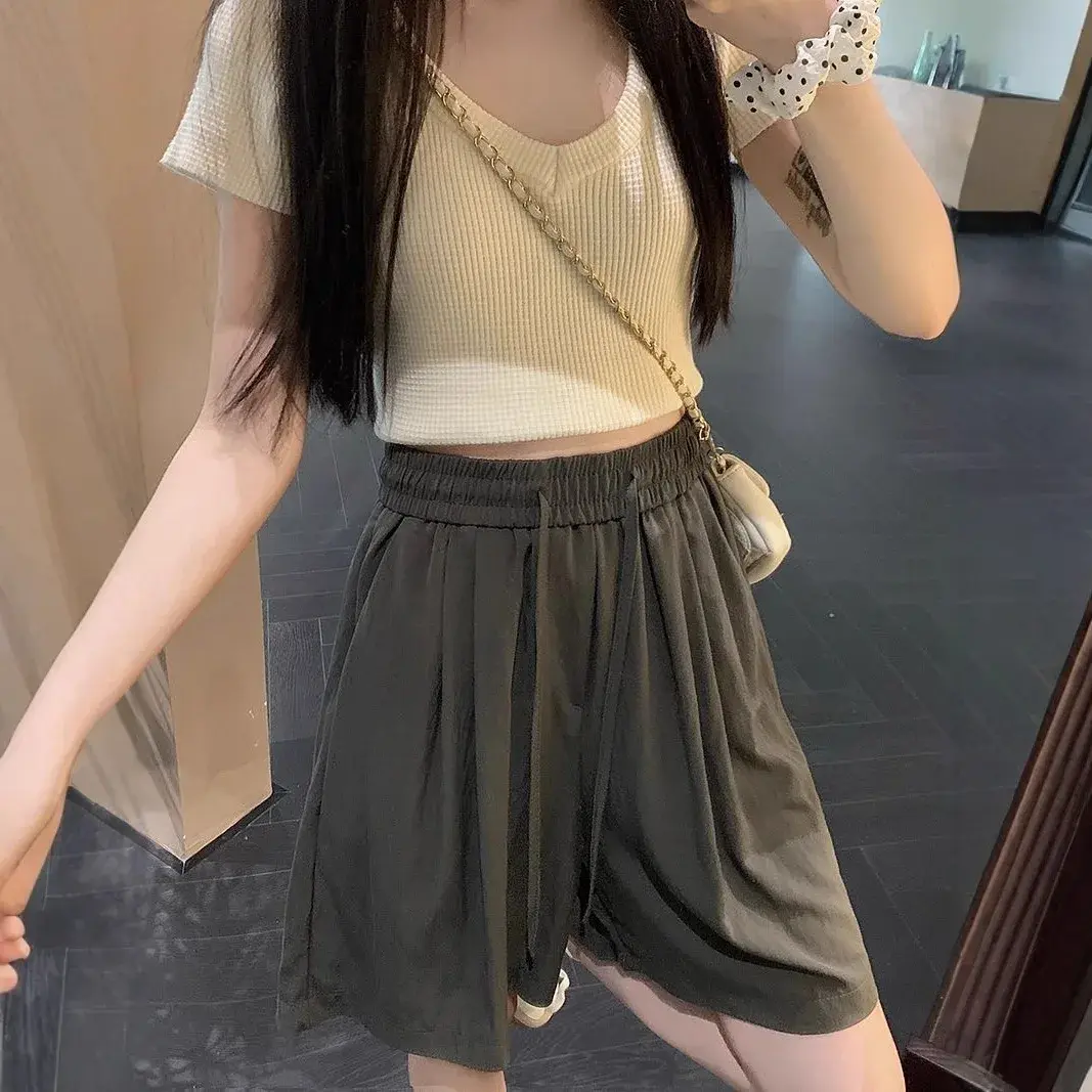 Fashionable High-Waist Drawstring Wide Leg Mini Shorts Casual Solid Color Summer New Arrival Women's Clothing Hot Pants