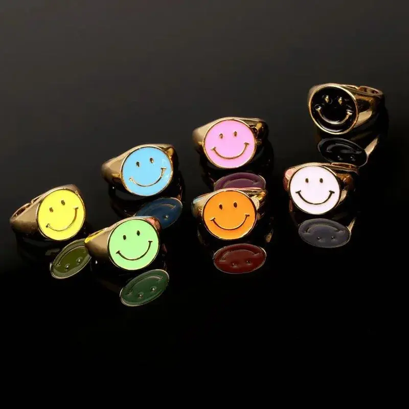 New Cross-Border INS Hot Sale Unique Smiley Face Oil Drop Ring Fashionable Alloy Electroplated Ring Trendy Accessory