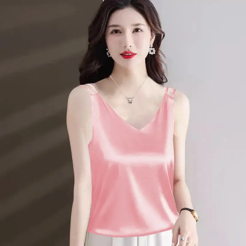 Silk Satin Vest Women's Inner Wear Suit V-neck Sexy Back Strap Top Summer New Fashion Sleeveless T-shirt Women