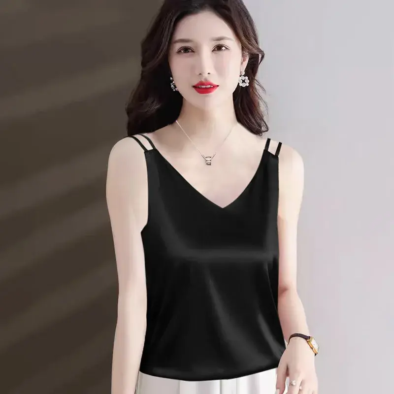 Silk Satin Vest Women's Inner Wear Suit V-neck Sexy Back Strap Top Summer New Fashion Sleeveless T-shirt Women