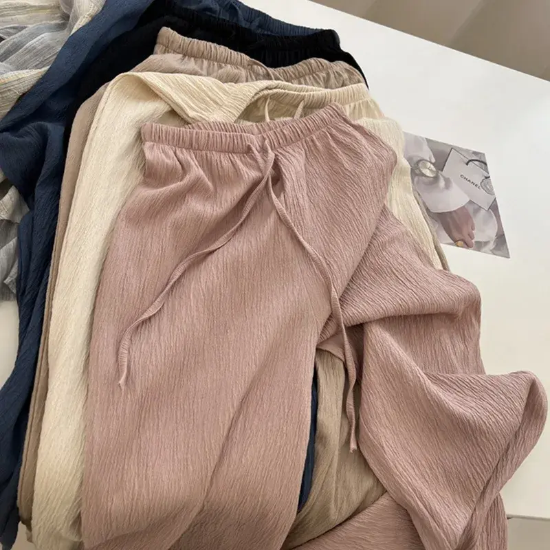 High Waist Wide Leg Belted Ice Silk Sports Long Pants Women's Thin Loose Drapey Spring Summer Pleated Loose Fit Trousers