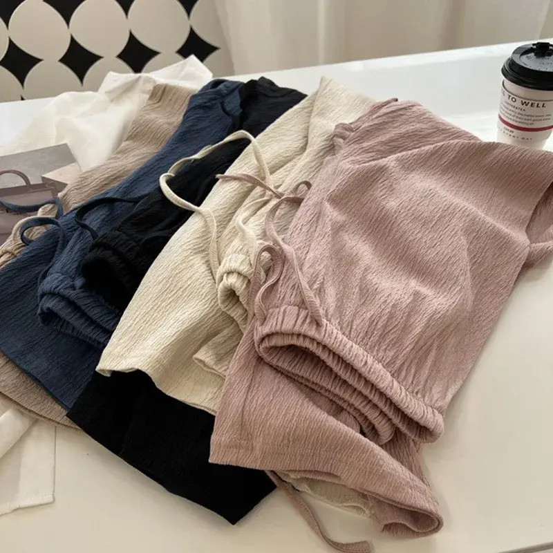 High Waist Wide Leg Belted Ice Silk Sports Long Pants Women's Thin Loose Drapey Spring Summer Pleated Loose Fit Trousers