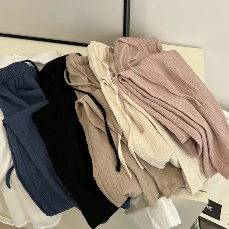 High Waist Wide Leg Belted Ice Silk Sports Long Pants Women's Thin Loose Drapey Spring Summer Pleated Loose Fit Trousers