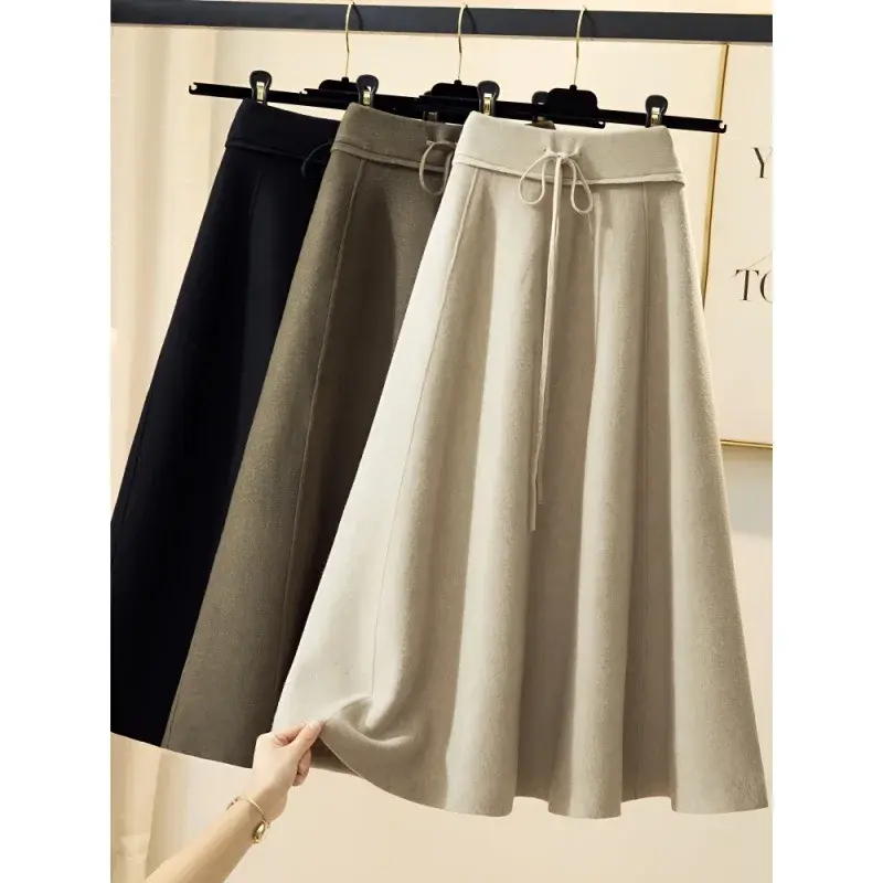 Elegant Thickened Knit Skirt For Women High-Waisted A- Line Slimming Medium-Length Solid Color Umbrella Skirt