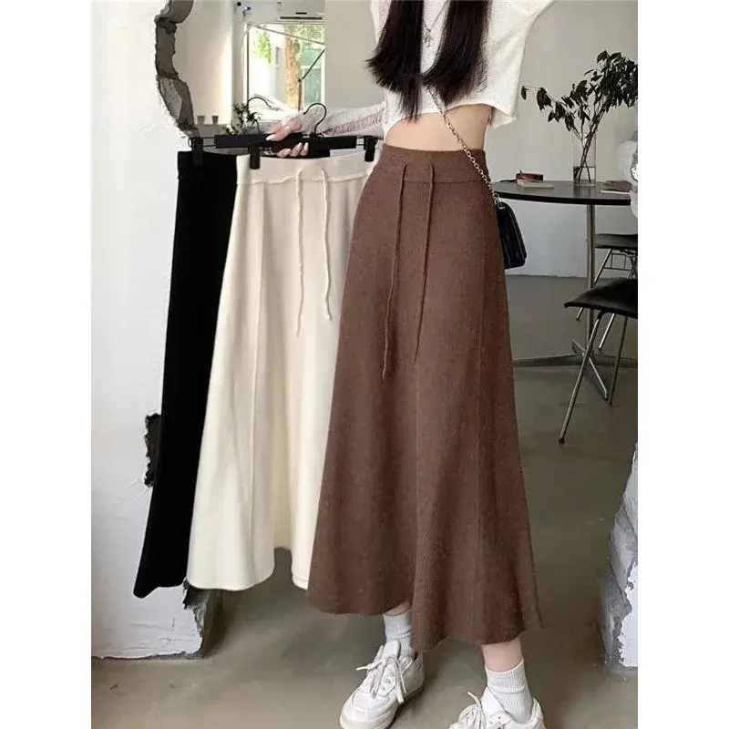 Elegant Thickened Knit Skirt For Women High-Waisted A- Line Slimming Medium-Length Solid Color Umbrella Skirt