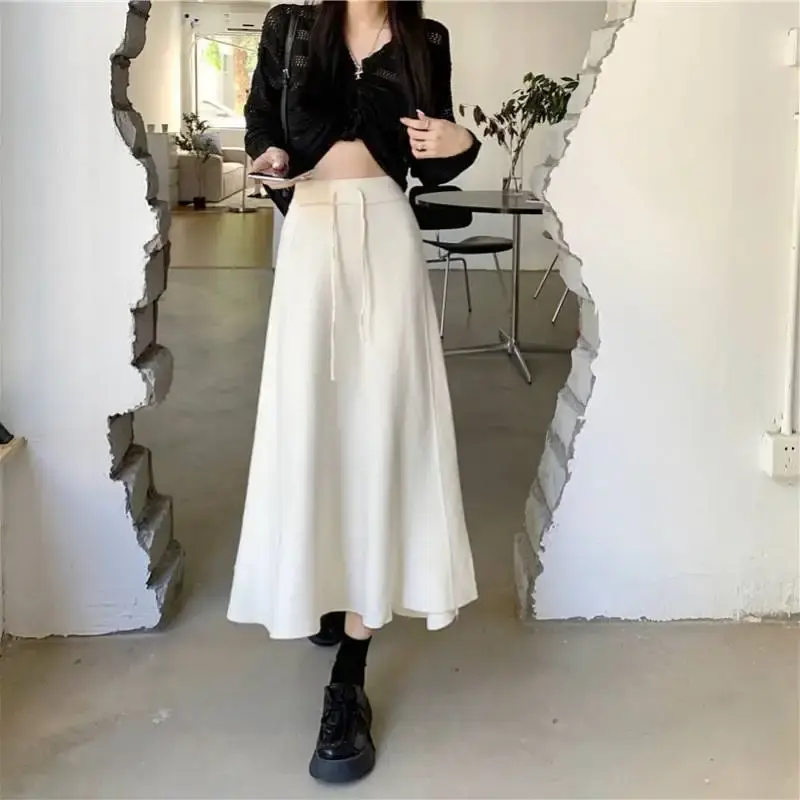 Elegant Thickened Knit Skirt For Women High-Waisted A- Line Slimming Medium-Length Solid Color Umbrella Skirt