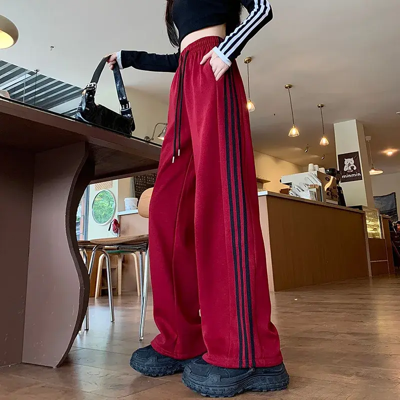 American Style High Waist Grey Sport Pants Women's Spring Autumn Loose Casual Wide Leg Trousers Drapey Stripe Sweatpants