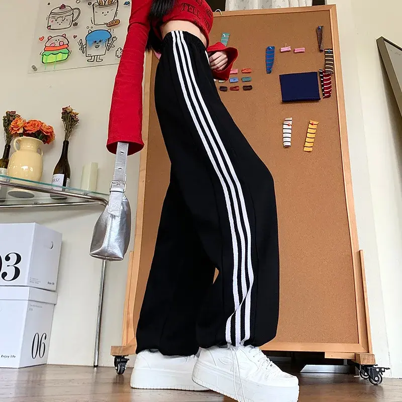 American Style High Waist Grey Sport Pants Women's Spring Autumn Loose Casual Wide Leg Trousers Drapey Stripe Sweatpants