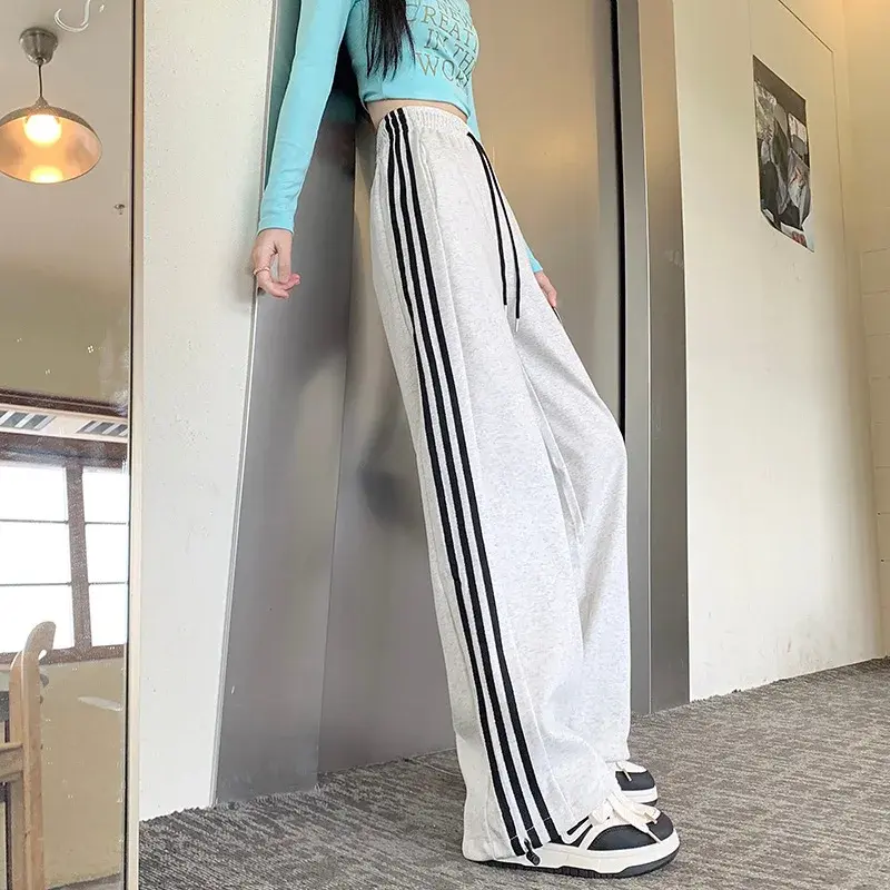 American Style High Waist Grey Sport Pants Women's Spring Autumn Loose Casual Wide Leg Trousers Drapey Stripe Sweatpants