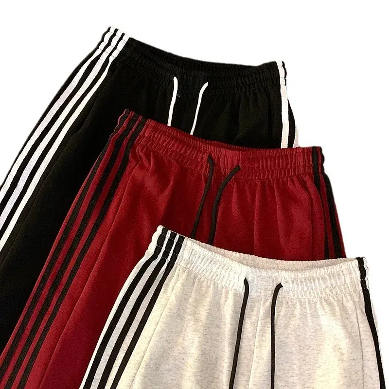 American Style High Waist Grey Sport Pants Women's Spring Autumn Loose Casual Wide Leg Trousers Drapey Stripe Sweatpants