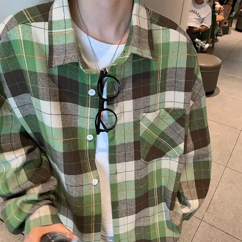Vintage Green Plaid Shirt Jacket Loose Fit Long Sleeve Casual Style Men Women Spring Autumn Collection 2023 New Bf Style