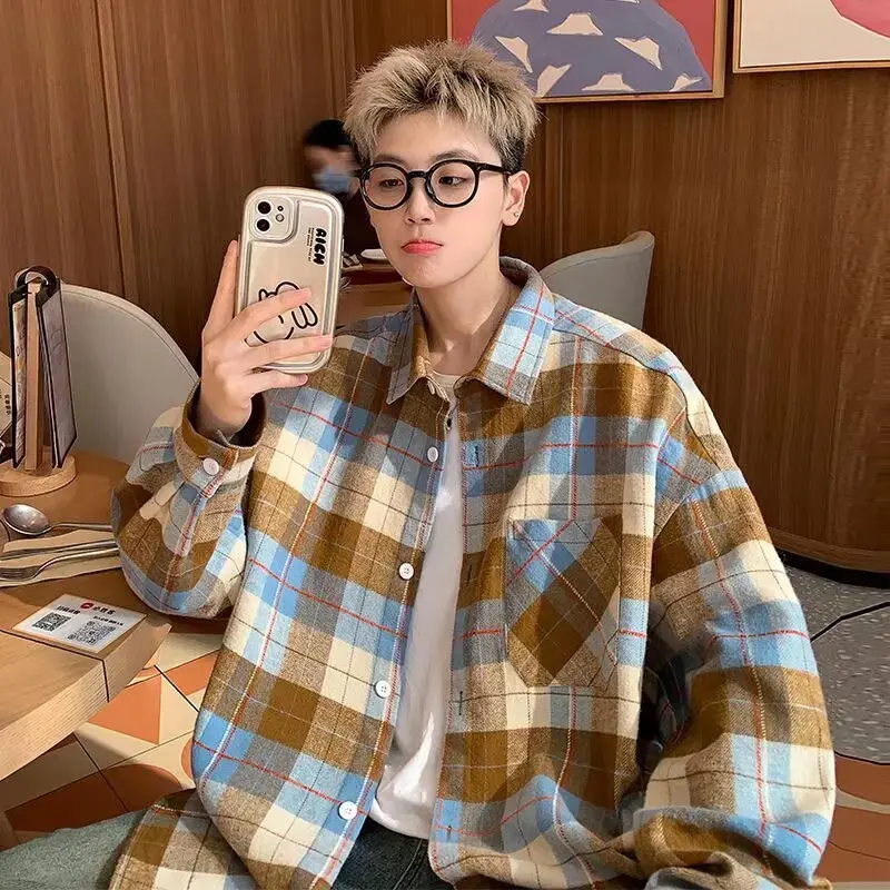 Vintage Green Plaid Shirt Jacket Loose Fit Long Sleeve Casual Style Men Women Spring Autumn Collection 2023 New Bf Style