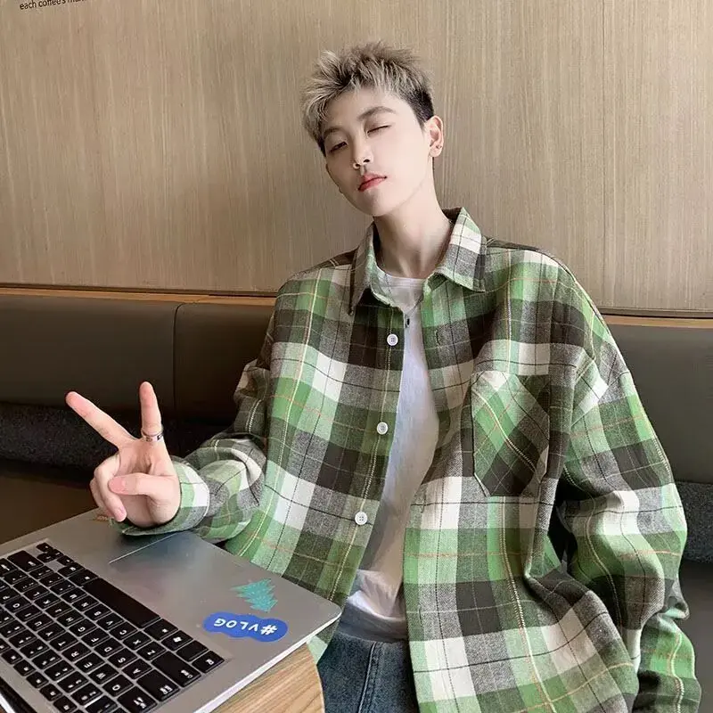 Vintage Green Plaid Shirt Jacket Loose Fit Long Sleeve Casual Style Men Women Spring Autumn Collection 2023 New Bf Style