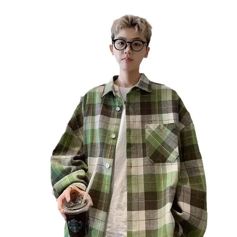 Vintage Green Plaid Shirt Jacket Loose Fit Long Sleeve Casual Style Men Women Spring Autumn Collection 2023 New Bf Style