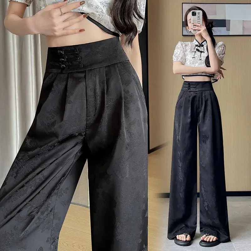 New Chinese Style Wide Leg Pants Women's Spring Summer Ice Silk Satin High Waist Versatile Casual Floor Length Trousers